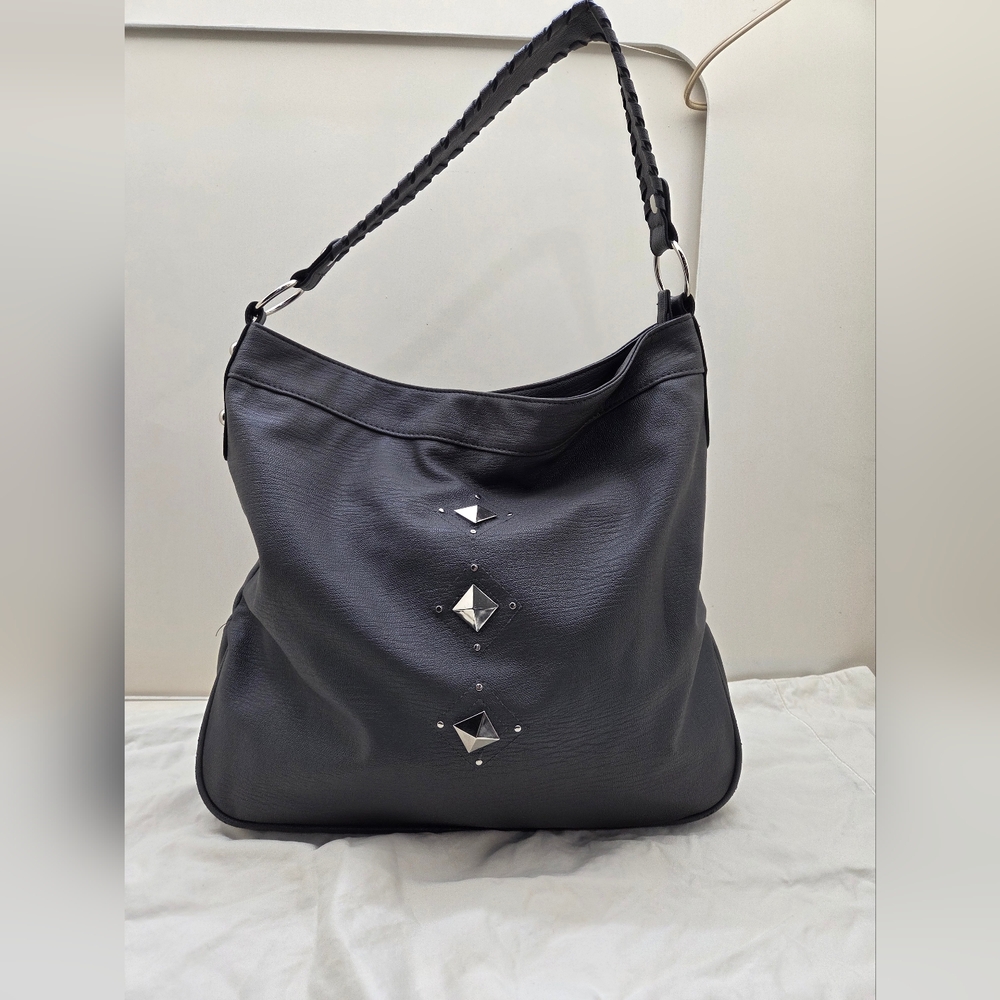 Vintage Bongo Faux Leather Shoulder Bag | Silver Stud Hardware | Braided Strap